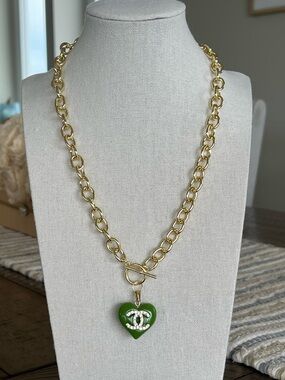 Upcycled Authentic Stamped A25V Chanel Crystal CC Heart Charm on 14K GP Necklace
